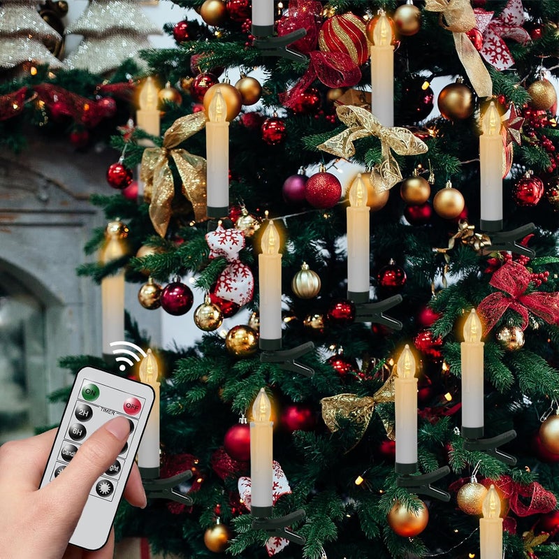 DRomance Christmas Tree Flameless Taper Candle Lights Battery Operated with 10-Key Remote and Timer, 30 Pack Plastic 3D Wick Flickering LED Taper Candles Multi-Using Home Garden Holiday Decor 3.4" - Image 1